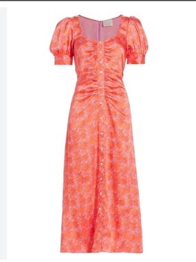 Cinq a Sept Summer‎ Waves Ximena Dress Pink Orange Satin Midi Size 8 (I)